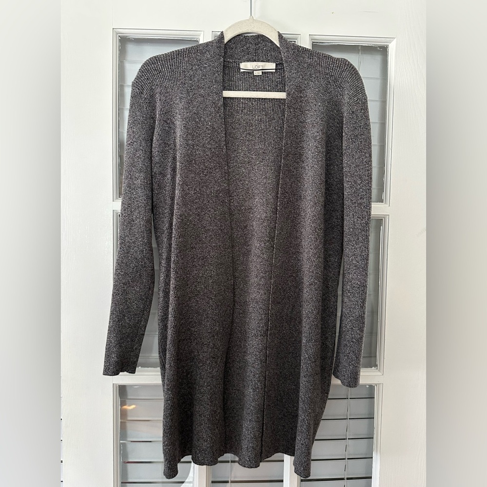 Loft Women’s M Gray Black Marble Knit Long Length Open Cardigan | SKU 0140
